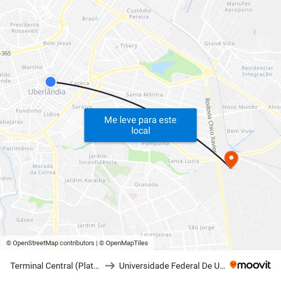 Terminal Central (Plataforma C1 - Vermelho) to Universidade Federal De Uberlândia (Campus Glória) map