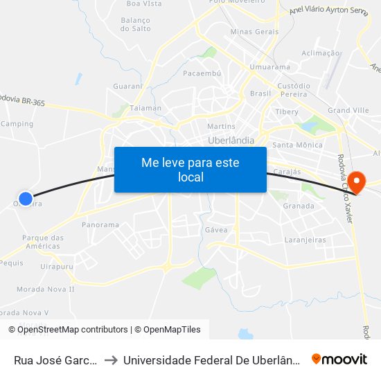 Rua José Garcia Borges, to Universidade Federal De Uberlândia (Campus Glória) map