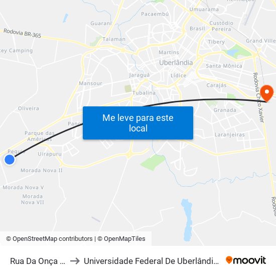 Rua Da Onça Pintada, to Universidade Federal De Uberlândia (Campus Glória) map