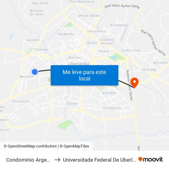 Condomínio Argentina - Parada 1 to Universidade Federal De Uberlândia (Campus Glória) map