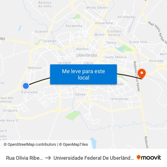 Rua Olívia Ribeiro De Sá, to Universidade Federal De Uberlândia (Campus Glória) map