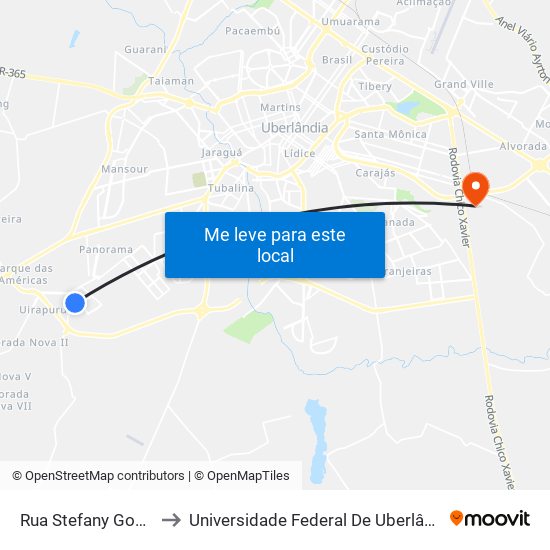 Rua Stefany  Gomes Pereira, to Universidade Federal De Uberlândia (Campus Glória) map