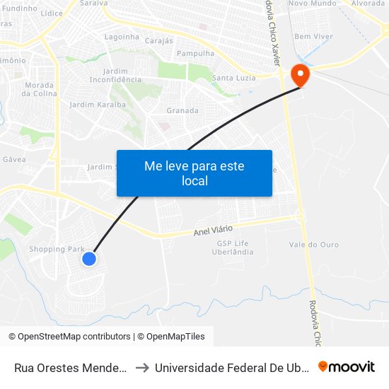 Rua Orestes Mendes Ferreira, 307-331 to Universidade Federal De Uberlândia (Campus Glória) map