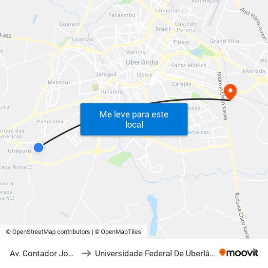 Av. Contador José Candeloro, to Universidade Federal De Uberlândia (Campus Glória) map