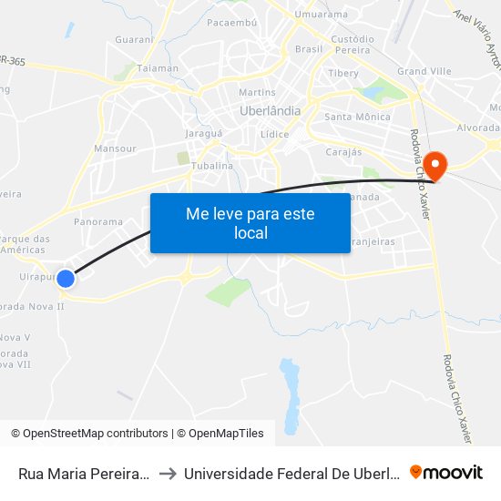 Rua Maria Pereira Rodrigues, 36 to Universidade Federal De Uberlândia (Campus Glória) map