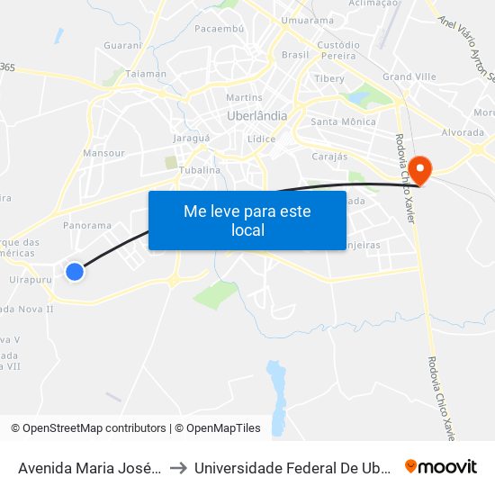 Avenida Maria José Vieira Lucas, 781 to Universidade Federal De Uberlândia (Campus Glória) map