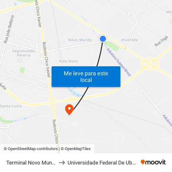 Terminal Novo Mundo (Plataforma B) to Universidade Federal De Uberlândia (Campus Glória) map