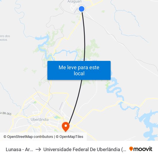 Lunasa - Araguari to Universidade Federal De Uberlândia (Campus Glória) map