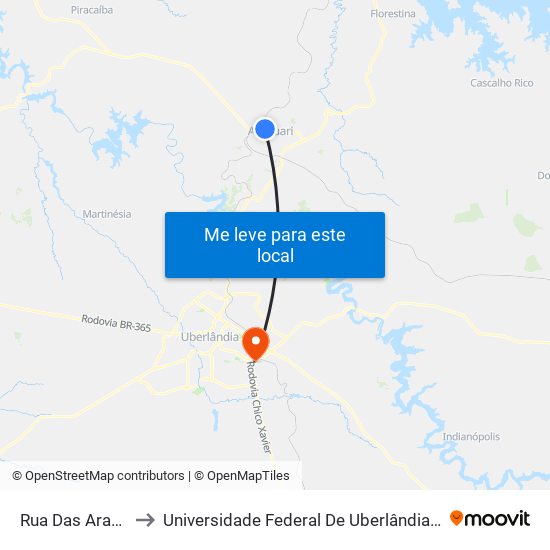 Rua Das Ararás, 270 to Universidade Federal De Uberlândia (Campus Glória) map