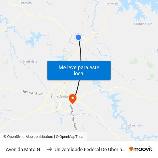 Avenida Mato Grosso, 1266 to Universidade Federal De Uberlândia (Campus Glória) map