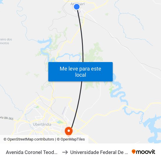 Avenida Coronel Teodolino Pereira Araújo, 1740 to Universidade Federal De Uberlândia (Campus Glória) map