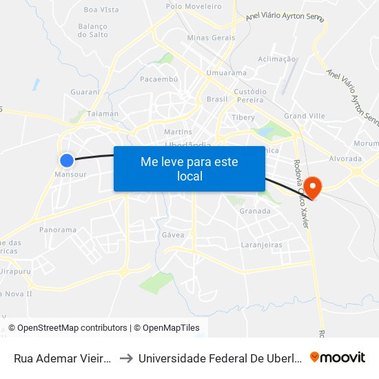 Rua Ademar Vieira Tavares, 140 to Universidade Federal De Uberlândia (Campus Glória) map