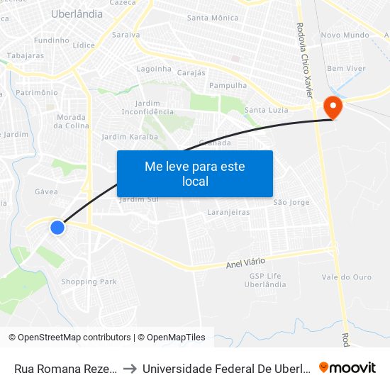 Rua Romana Rezende Silva, 205 to Universidade Federal De Uberlândia (Campus Glória) map