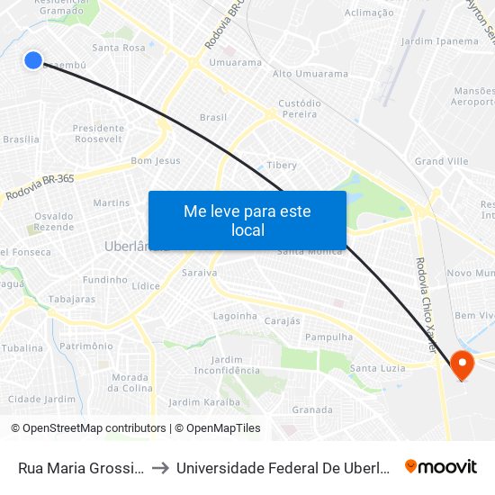 Rua Maria Grossi Raniero, 332 to Universidade Federal De Uberlândia (Campus Glória) map