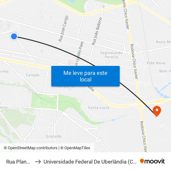 Rua Planalto, 5 to Universidade Federal De Uberlândia (Campus Glória) map