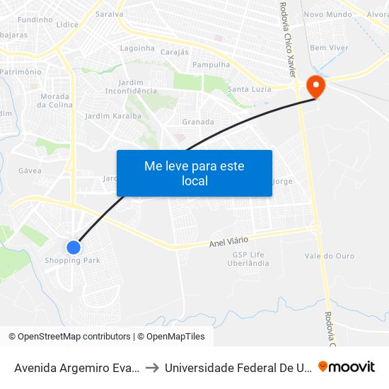 Avenida Argemiro Evangelista Ferreira, 1427 to Universidade Federal De Uberlândia (Campus Glória) map