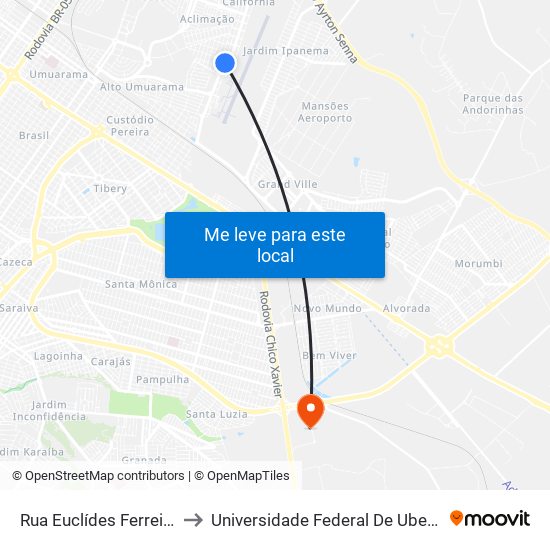 Rua Euclídes Ferreira Taváres, 1056 to Universidade Federal De Uberlândia (Campus Glória) map