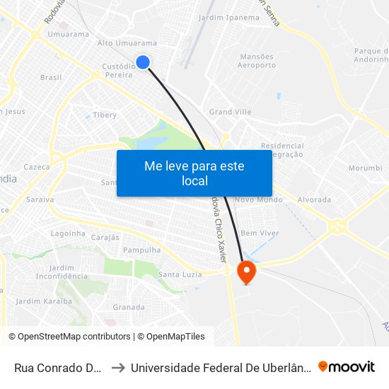 Rua Conrado De Brito, 850 to Universidade Federal De Uberlândia (Campus Glória) map