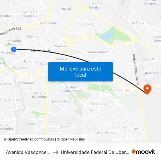 Avenida Vasconcelos Costa, 1790 to Universidade Federal De Uberlândia (Campus Glória) map