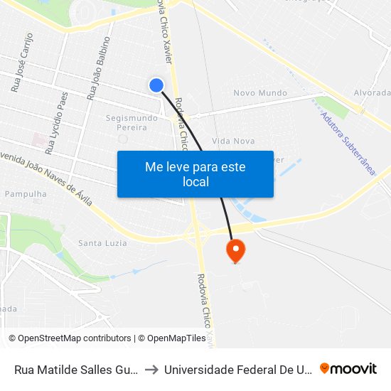Rua Matilde Salles Guimarães Andrade, 110 to Universidade Federal De Uberlândia (Campus Glória) map