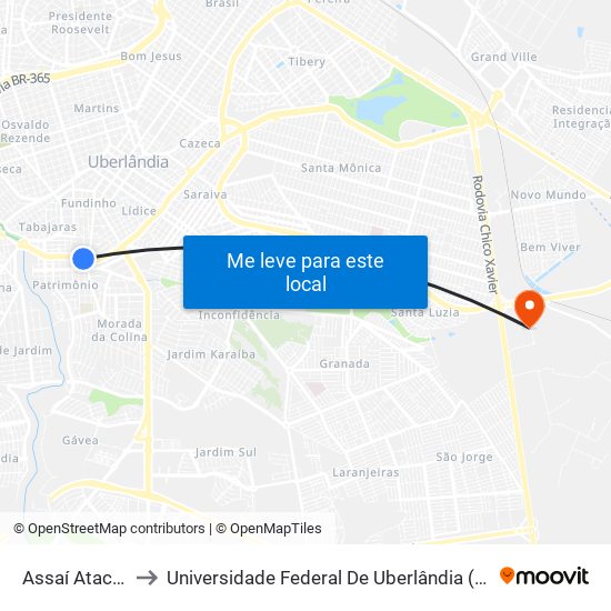 Assaí Atacadista to Universidade Federal De Uberlândia (Campus Glória) map