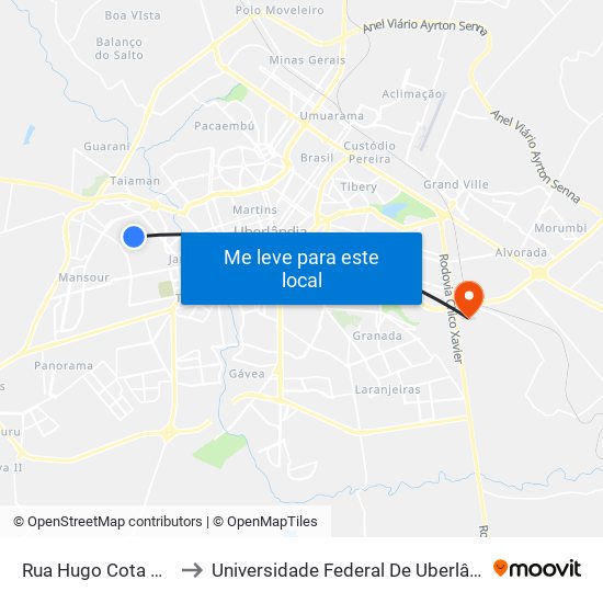 Rua Hugo Cota Pachêco, 113 to Universidade Federal De Uberlândia (Campus Glória) map