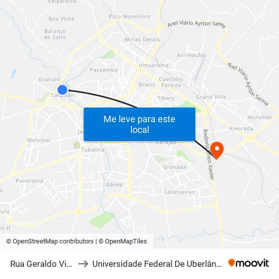 Rua Geraldo Vitórino, 667 to Universidade Federal De Uberlândia (Campus Glória) map