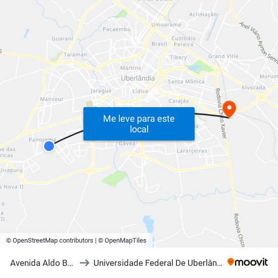 Avenida Aldo Borges Leão to Universidade Federal De Uberlândia (Campus Glória) map