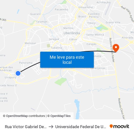 Rua Victor Gabriel De Oliveira Batista, 228 to Universidade Federal De Uberlândia (Campus Glória) map