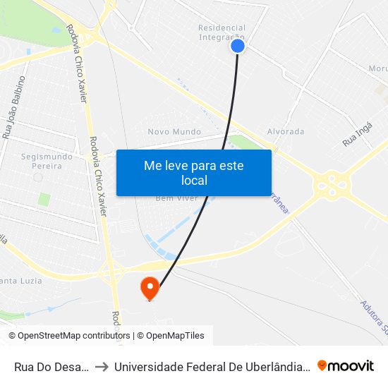 Rua Do Desafio, 500 to Universidade Federal De Uberlândia (Campus Glória) map