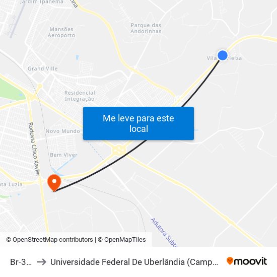 Br-365 to Universidade Federal De Uberlândia (Campus Glória) map