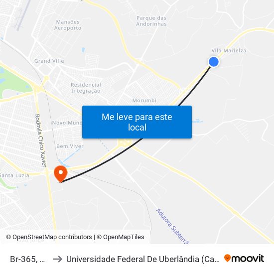 Br-365, 6512 to Universidade Federal De Uberlândia (Campus Glória) map