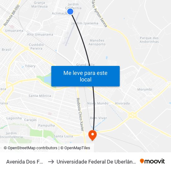 Avenida Dos Ferreiras, 40 to Universidade Federal De Uberlândia (Campus Glória) map