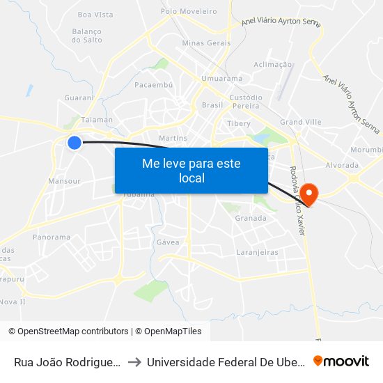 Rua João Rodrigues De Castro, 355 to Universidade Federal De Uberlândia (Campus Glória) map