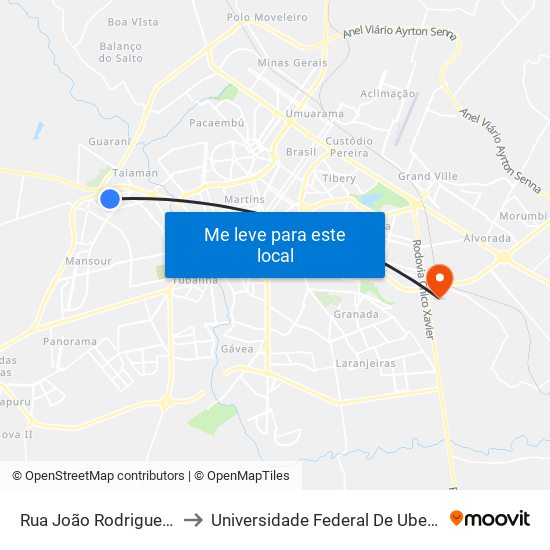 Rua João Rodrigues De Castro, 100 to Universidade Federal De Uberlândia (Campus Glória) map