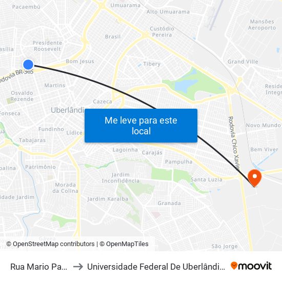 Rua Mario Pafume, 75 to Universidade Federal De Uberlândia (Campus Glória) map