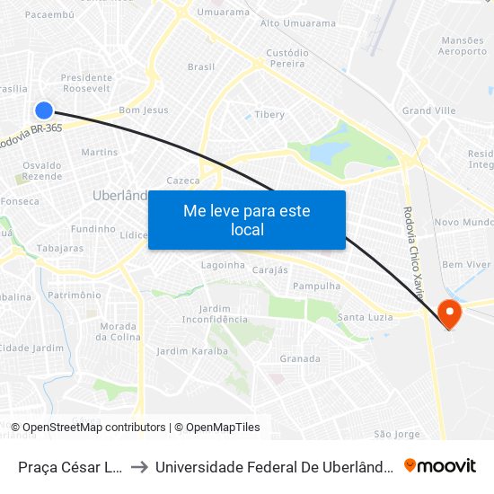 Praça César Lathes, 20 to Universidade Federal De Uberlândia (Campus Glória) map