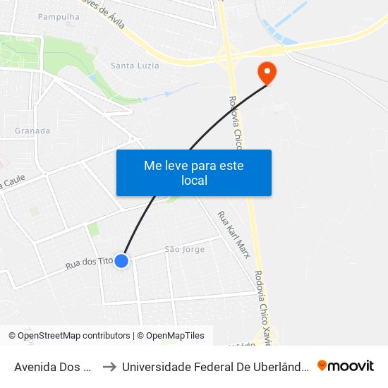 Avenida Dos Titos, 185 to Universidade Federal De Uberlândia (Campus Glória) map