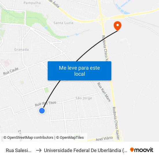 Rua Salesiano, 23 to Universidade Federal De Uberlândia (Campus Glória) map