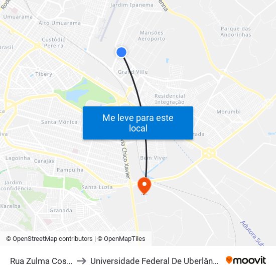 Rua Zulma Costa Abdala, to Universidade Federal De Uberlândia (Campus Glória) map