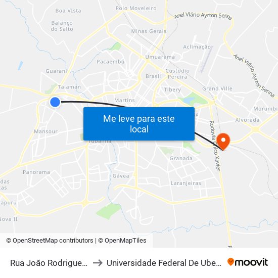 Rua João Rodrigues De Castro, 280 to Universidade Federal De Uberlândia (Campus Glória) map
