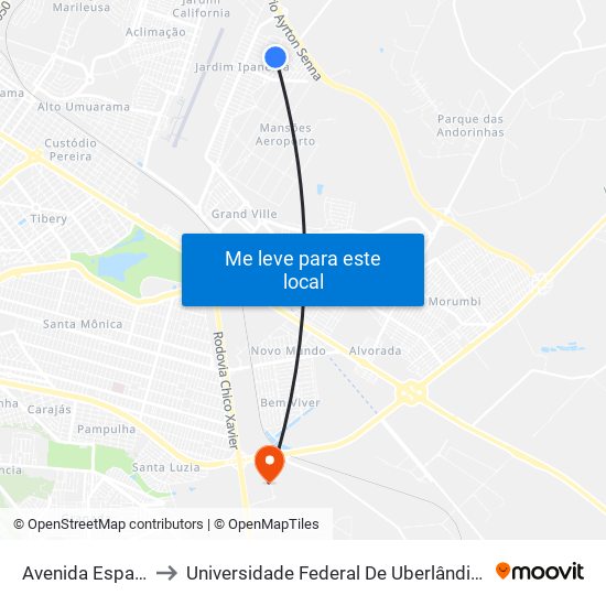 Avenida Espacial, 564 to Universidade Federal De Uberlândia (Campus Glória) map