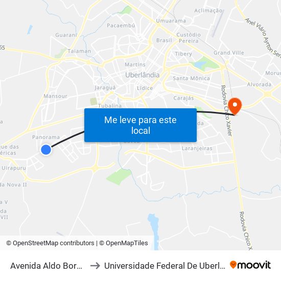 Avenida Aldo Borges Leão, 2171 to Universidade Federal De Uberlândia (Campus Glória) map