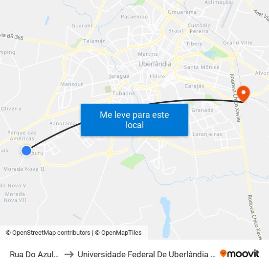 Rua Do Azulao, 298 to Universidade Federal De Uberlândia (Campus Glória) map