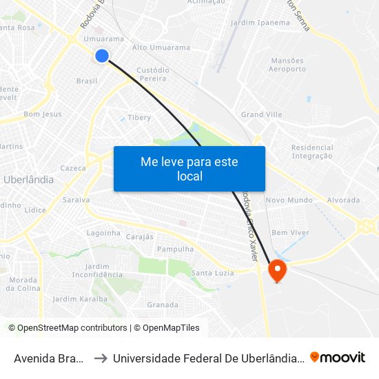 Avenida Brasil, 4325 to Universidade Federal De Uberlândia (Campus Glória) map