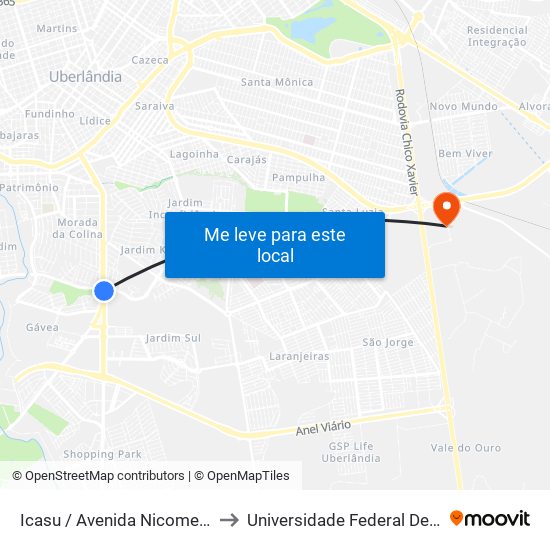 Icasu / Avenida Nicomedes Alves Dos Santos, 3900 to Universidade Federal De Uberlândia (Campus Glória) map