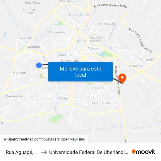 Rua Aguapé, 347-425 to Universidade Federal De Uberlândia (Campus Glória) map