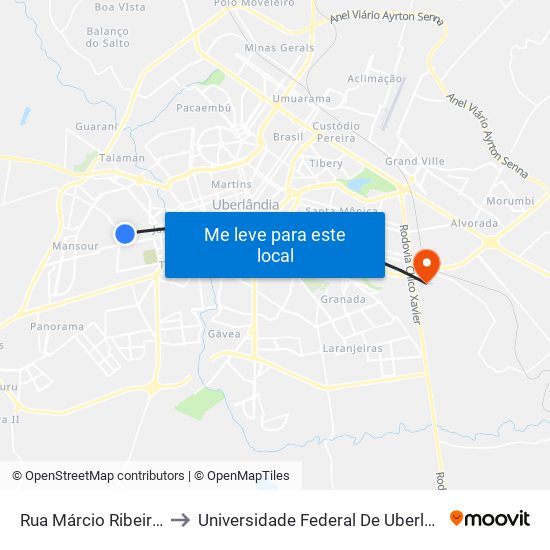 Rua Márcio Ribeiro Da Silva, 79 to Universidade Federal De Uberlândia (Campus Glória) map