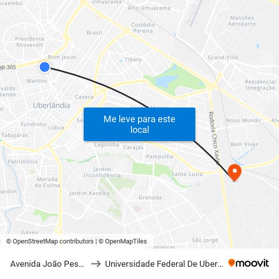 Avenida João Pessoa, 1113-1121 to Universidade Federal De Uberlândia (Campus Glória) map