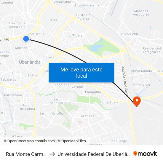Rua Monte Carmelo, 216-254 to Universidade Federal De Uberlândia (Campus Glória) map